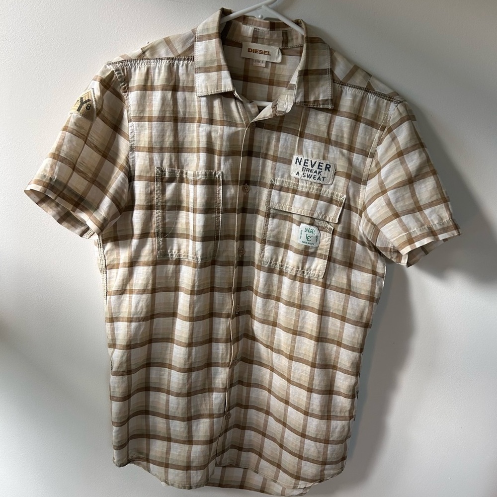 Diesel Beige and Tan Plaid Short-Sleeve Button-Down Shirt